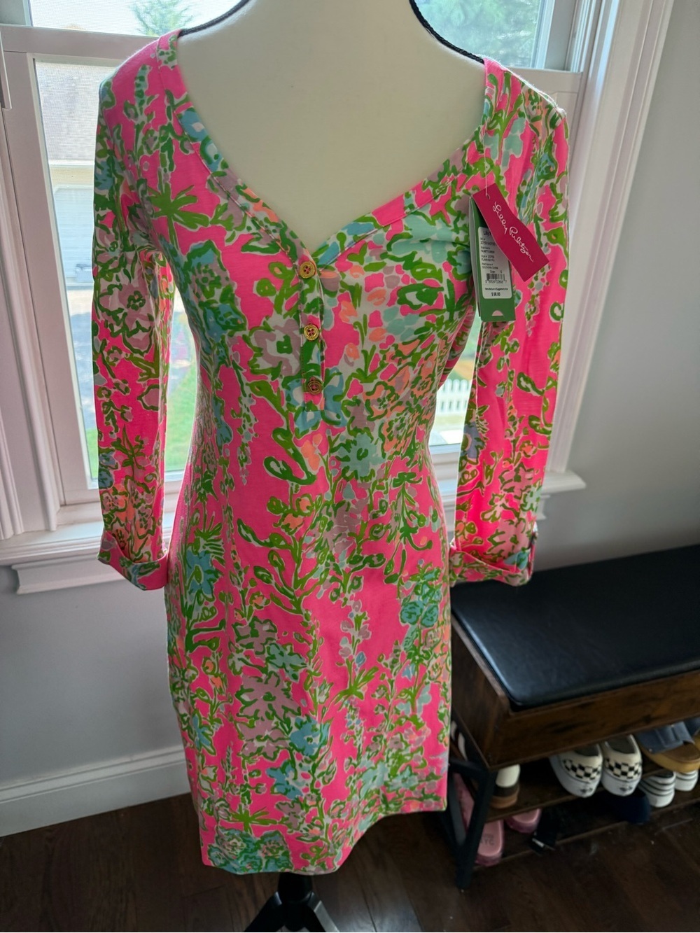 Lilly Pulitzer Hot Pink Floral Button-Front Long Sleeve Dress BNWT Size Small
